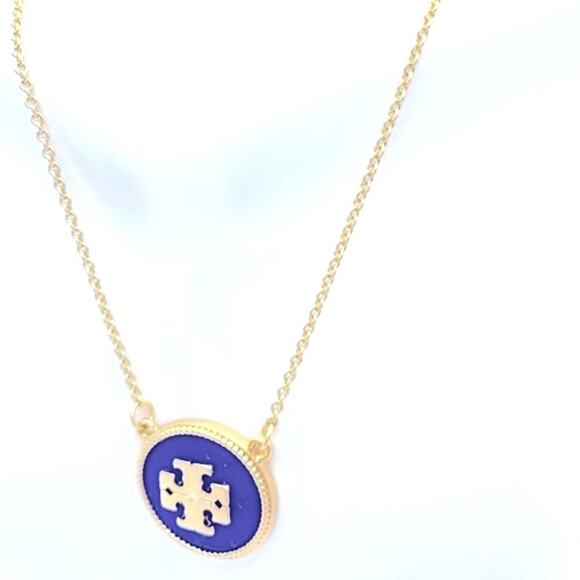 NWT  Tory Burch Gold Logo Round Blue Lapis Necklace - Picture 5 of 6